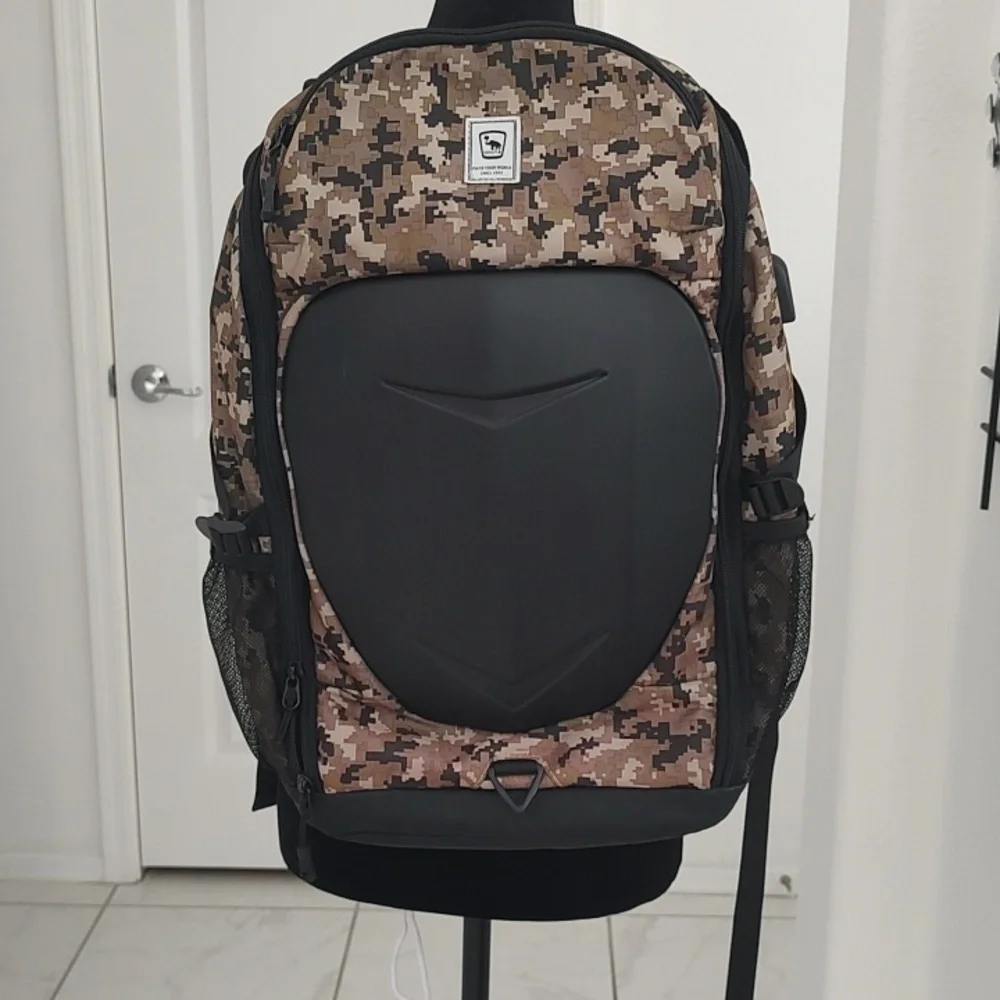 OIWAS Large Hardshell Front Camouflage Backpack Used Once Black Tan Brown Hard
